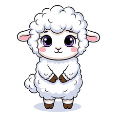 Cute cartoon baby sheep or lamb character with big purple eyes standing isolated on, adorable fluffy animal illustration
