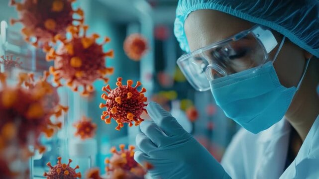 Scientist in the Lab: A determined scientist, meticulously examining a sample with focused intensity amidst a backdrop of the virus, symbolizing medical research and the ongoing fight against disease.