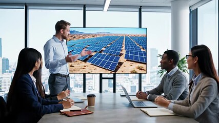 Collaborative Team Meeting in Progress, Multiple Professionals Discussing Project Strategies Around Large Screen Displaying Data, Ideal for Cooking Shows, Business Presentations.