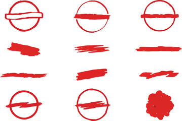 Nine red grunge elements circles brushstrokes and abstract shapes on white background