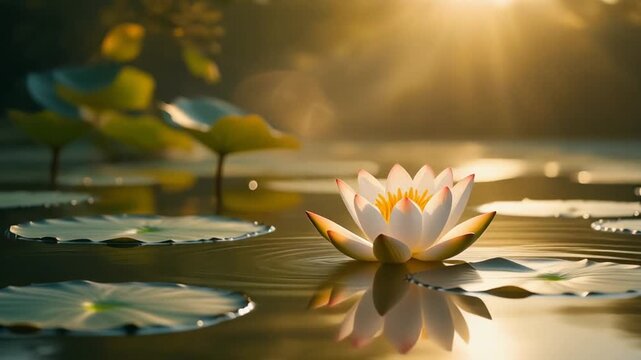 Serene Water Lily in Golden Sunlight A symbol of Purity, Enlightenment, and Rebirth