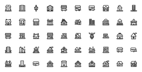 Types of Houses icon set. Vector illustration. Inclues student housing, apartmnts, tree house, cabin, moile home, cottage, bungalo, palace and more.