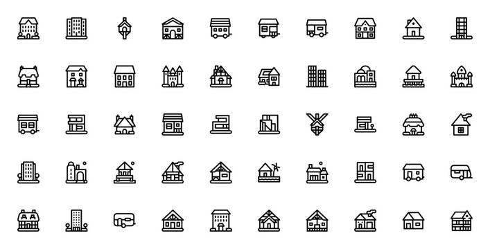 Types of Houses icon set. Vector illustration. Inclues student housing, apartmnts, tree house, cabin, moile home, cottage, bungalo, palace and more.