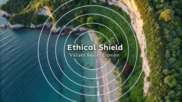 Aerial View of a Serene Beach Surrounded by Lush Green Cliffs and Calm Blue Waters with Circular Waves Overlay Symbolizing Protection