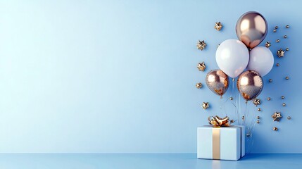 A festive arrangement of white and rose gold balloons floats above a gift box, surrounded by scattered gold stars and confetti against a soft blue backdrop.