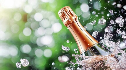 A close-up shot captures a champagne bottle emerging from a splash of water, set against a soft, blurred green background.