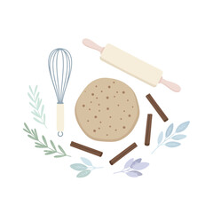 Winter Baking Tools on Kitchen Counter – Minimal Top-View Flat Vector Illustration