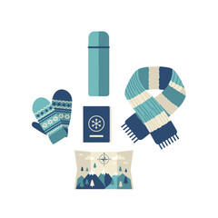 Winter Travel Essentials Flat-Lay – Minimal Flat Vector Illustration