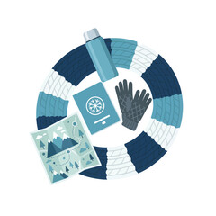 Winter Travel Essentials Flat-Lay – Minimal Flat Vector Illustration