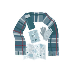 Winter Travel Essentials Flat-Lay – Minimal Flat Vector Illustration