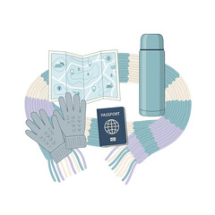 Winter Travel Essentials Flat-Lay – Minimal Flat Vector Illustration