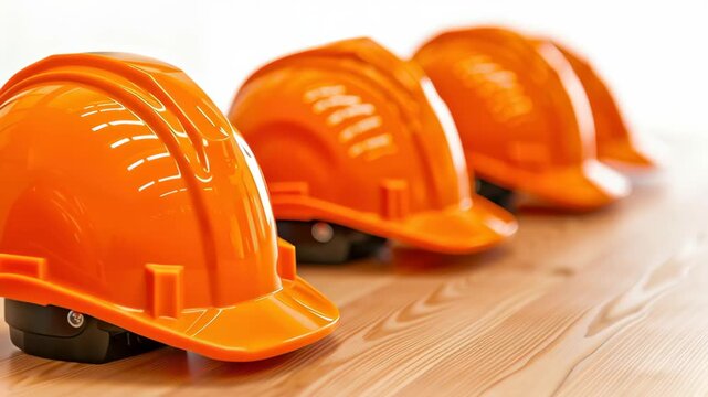 Orange hard hat safety helmet construction equipment protection plastic row workshop wood industry calm focus ready spirit gear protective equipment