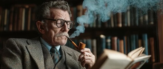 A senior academic professor smokes a pipe while reading.  Superior quality