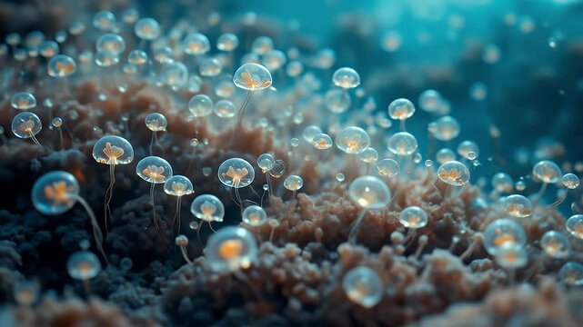 Underwater garden landscape with bioluminescent jellyfish like flowers on sea floor