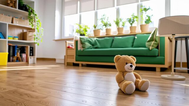 Cozy living room with wooden floor, green sofa, houseplant, and bright sunlight cute teddy bear soft plush brown toy kid playroom tidy warm vibe