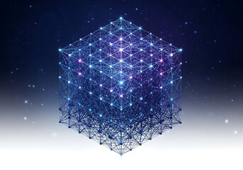 Intricate glowing geometric cube structure with interconnected nodes and light particles against a dark background