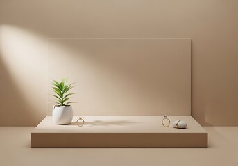Minimalist studio scene with a potted plant and soft light casting shadows on a pedestal