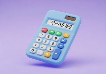 A pastel blue toy calculator with colorful buttons floats against a soft purple background