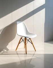 Modern white chair illuminated by sunlight casting a shadow on a wall