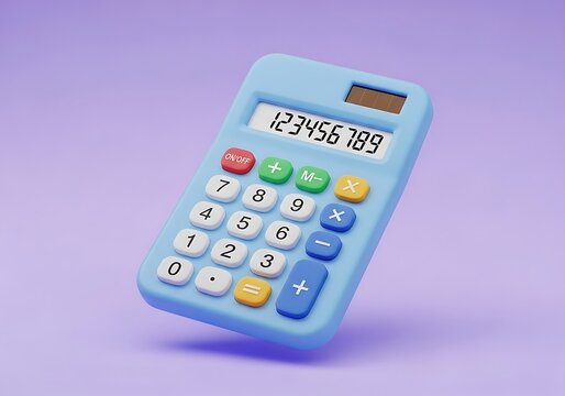 A pastel blue toy calculator with colorful buttons floats against a soft purple background