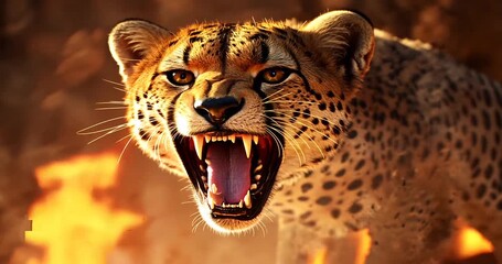 Fierce cheetah roaring amidst a fiery sunset, showcasing its power in the wild landscape - Powered by Adobe