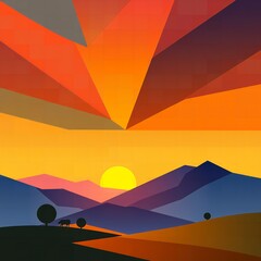 Stylized geometric landscape at sunset with sun mountains trees and animals Abstract