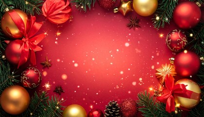 A luxurious Christmas background framed with golden ornaments, ribbons, pine branches, and sparkling lights, leaving space in the center for text or branding. Perfect for invitations.