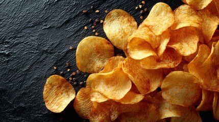 Top view of scattered potato chips on black smooth matte surface, crispy snack layout with golden texture and contrast, minimal food composition for culinary and snack concepts