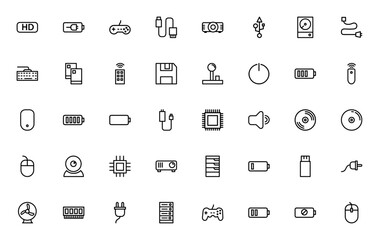 Hardware Set_7531 icon pack. Minimal thin line vecto icons. Includes symbols fr battery, gamepad, USB, pojector, hard disc, keyboad, smartphone, mouse, micrchip, server, plug, fan, RM and more.