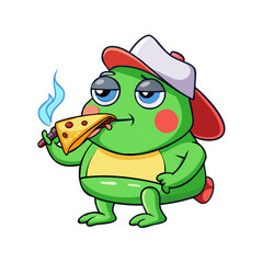 Cartoon frog character with a backwards cap smoking and eating a slice of pizza character design