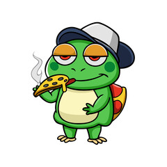 Cartoon frog character with a backwards cap smoking and eating a slice of pizza character design