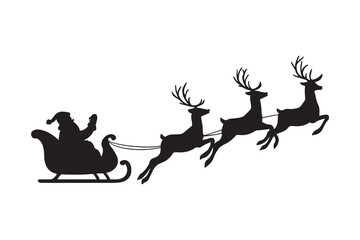 silhouette of santa claus with flying reindeers