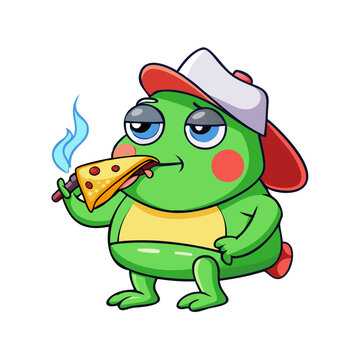 Cartoon frog character with a backwards cap smoking and eating a slice of pizza character design