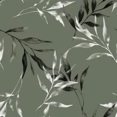 Gordijnen Bladeren Botanical seamless pattern featuring watercolor-style leafy branches in shades of dark gray and white on a sage green background  © momosama