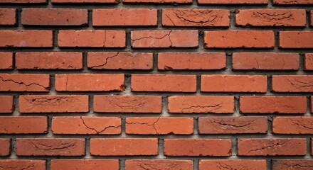Obraz premium A closeup brick wall with red bricks and grey mortar showing texture and slight damage