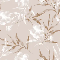 Gordijnen Bladeren Botanical seamless pattern featuring hibiscus and leafy branches in translucent white and brown tones on a creamy beige background  © momosama