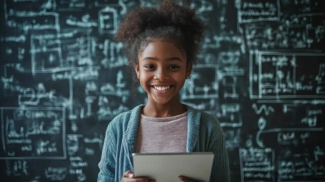 Young Student and the Blackboard: A smiling young student stands before a blackboard covered in complex equations and diagrams, holding a tablet.