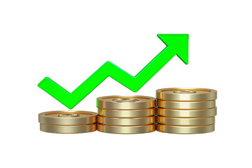 3D Stacked Gold Coins with Upward Green Arrow Isolated on Transparent Background Illustrating Financial Growth Investment Success and Profit