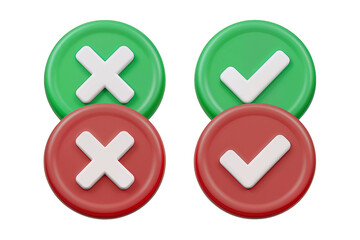 3D Check Mark and Cross Mark Icons Isolated on Transparent Background Illustrating Approval Denial Voting and Decision Making