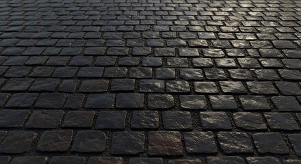 A cobblestone street receding into the distance shows textured stones under light