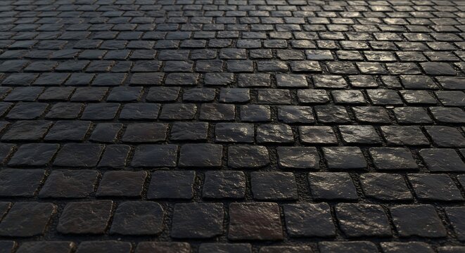 A cobblestone street receding into the distance shows textured stones under light
