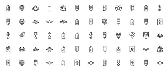 Military Ranks icon set. Army badge and medal vectorcollection. Military insigia, rank, army, service, hnor, achievement, uniform,patch, decoration, armed frces.