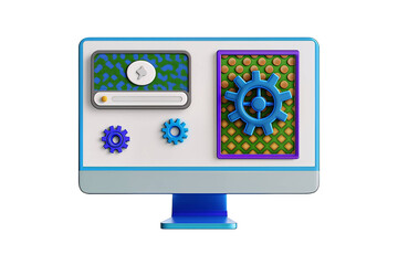 Isolated 3D Rendering of a Desktop Computer Monitor Displaying System Settings, Optimization, and Configuration Gears, Transparent Background PNG File