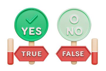 Isolated 3D Rendering of Yes/True (Green Check) and No/False Red X Decision Signs, Representing Choices, Survey Results, and Voting, Transparent PNG File
