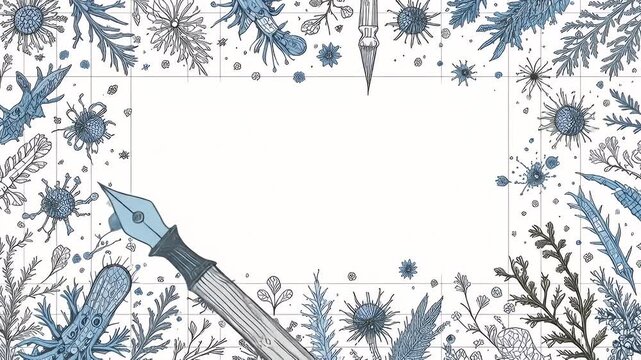 Vintage botanical frame animation with fountain pen and nature elements for writing