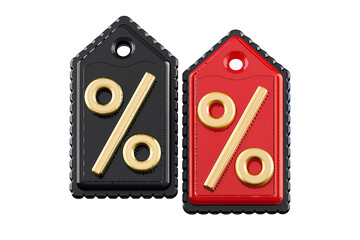 Isolated 3D Rendering of Black and Red Price Tags with Golden Percentage Signs, Symbolizing Discounts, Sale, and Shopping Promotions