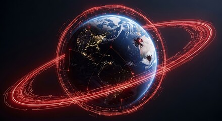 A digital rendering of earth surrounded by a glowing red ring, symbolizing global connectivity and technological advancement in space