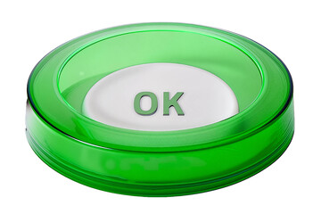 green Isolated 3D Rendering of a Shiny Green Circular Confirmation Button with White OK Text, Symbolizing Approval and Acceptance