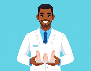 Smiling dentist in a white coat holding a tooth model on a blue backdrop