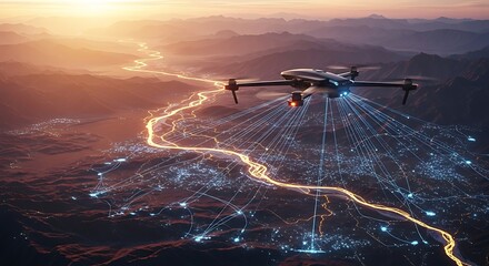 Aerial drone surveying a smart city at dusk, capturing data for urban planning and infrastructure management in a connected, hightech environment